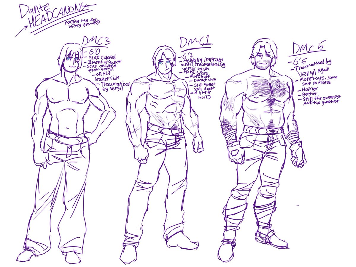 Some Dante ➡️➡️HEADCANONS⬅️⬅️ about his PHYSICAL APPEARANCE throughout the years

I didnt put a lot of detail into what they were wearing ): sorryyy 

Anyways Im probably gonna draw Vergil soon, unsure what but will take a break til then because my head hurts

#dmc #fanart #dante