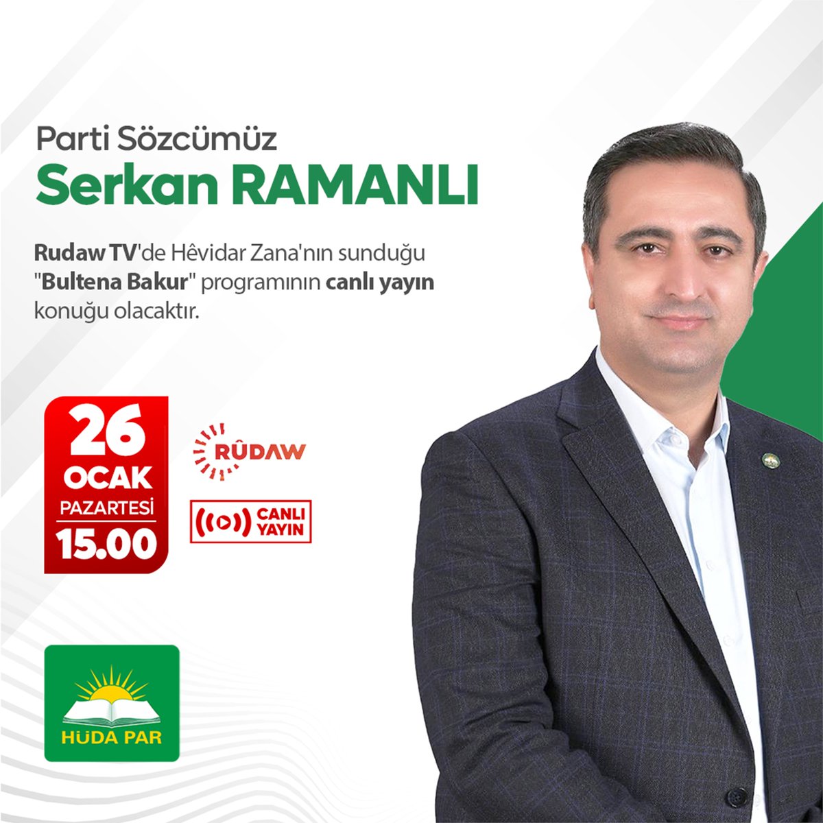 Parti Sözcümüz Serkan Ramanlı, bugün saat 15.00'te Rudaw TV'de Hêvidar Zana'nın sunduğu "Bultena Bakur" programının canlı yayın konuğu olacaktır.