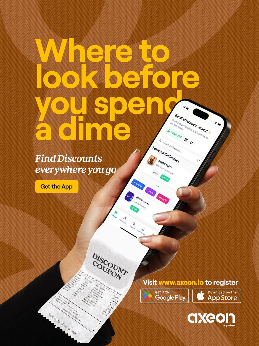 axeon_io's tweet image. Before you pay, you check.

Axeon helps you find discounts around you, so every naira counts.
Spend with sense.

#axeon #discounts