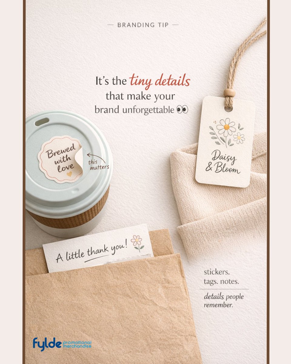 Big brands aren’t remembered for doing more.
They’re remembered for doing small things well.

Stickers.
Tags.
Notes.

Tiny details = lasting impressions 👀

#Branding #BrandStrategy #DesignDetails #MarketingTips #SmallDetailsBigImpact