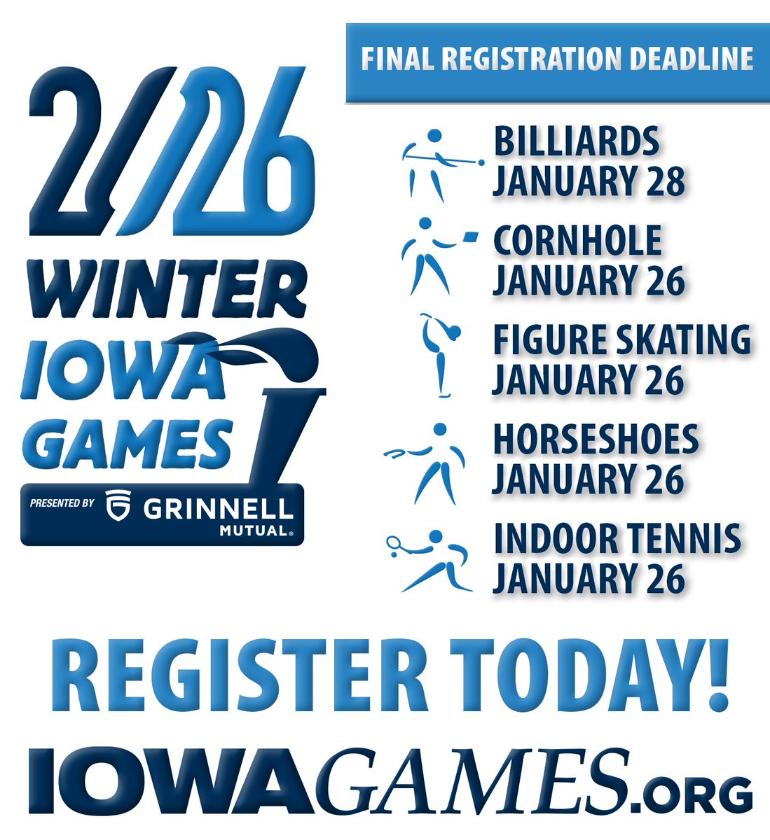 IowaGames's tweet image. ⚠️ DEADLINE DAY ⚠️ 
Register NOW at iowagames.org and GO FOR THE GOLD!!! 🥇🥈🥉

#IowaGames #billiards #cornhole #figureskating #horseshoes #tennis