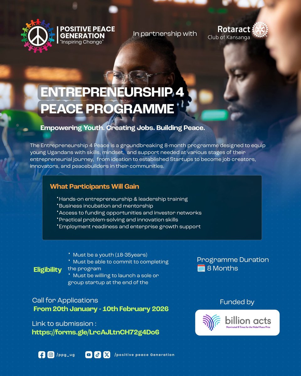 ppg_ug's tweet image. Are you a Ugandan youth with a business idea, a startup dream, or a desire to create jobs and build peace?

We are here to support your entrepreneurial journey by equipping you with practical business and leadership skills and resources 

Apply Now: forms.gle/LrcAJLtnCH72g4…