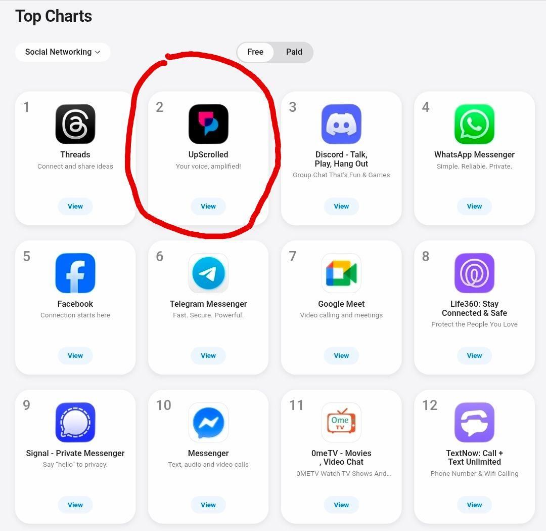 paulbiggar's tweet image. UpScrolled (@realUpScrolled) is blowing up due to the Tiktok ban - #2 in the US right now. It's ethical social media: no shadowbans, no algorithmic bullshit, no controls on your feed, not designed for addiction, doesn't sell your data. Get it in the app stores!