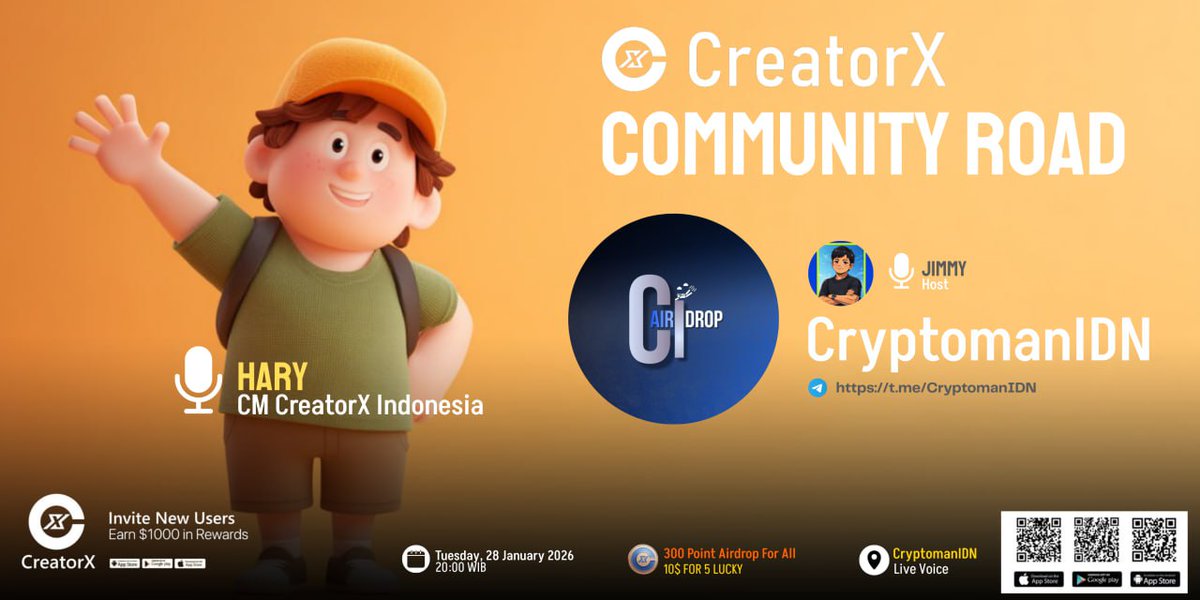 🚀 Join Our CreatorX AMA Session Guys !

📅 Date: Rabu, 28 January 2026
⏰ Time: 20:00 WIB
📍 Location: t.me/CryptomanIDN
🎤 Speaker(s): CM CreatorX Indonesia