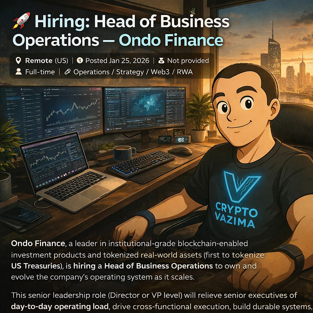 🚀 Hiring: Head of Business Operations — Ondo Finance 📍 Remote (US) | 💼  Full-time | 🧑‍💻 Operations / Strategy / RWA | 💰 Not provided | 🕐 Posted  Jan 25, 2026