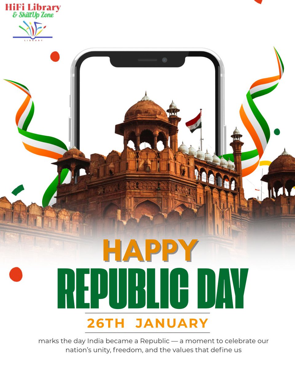 LibraryHiFi's tweet photo. Celebrating the spirit of our Republic with learning, creativity, and unity!  
At HiFi Library &amp; SkillUp Zone, we believe empowered minds build a stronger nation.  
Let’s continue to read, learn, and grow together. 
Happy Republic Day!  
#RepublicDay #26January #HiFiLibrary https://t.co/6aes1tzsbn