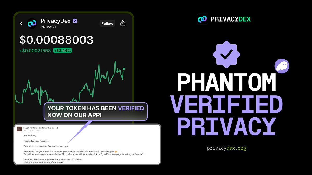 PrivacyDex's tweet image. Breaking news 🔥

Phantom Wallet has verified $PRIVACY 🔥

Now when anyone searches “Privacy” inside Phantom, they will find $PRIVACY as the official verified project.

Why this matters:

Verified tokens display a purple check and rank higher in search, reducing confusion and…