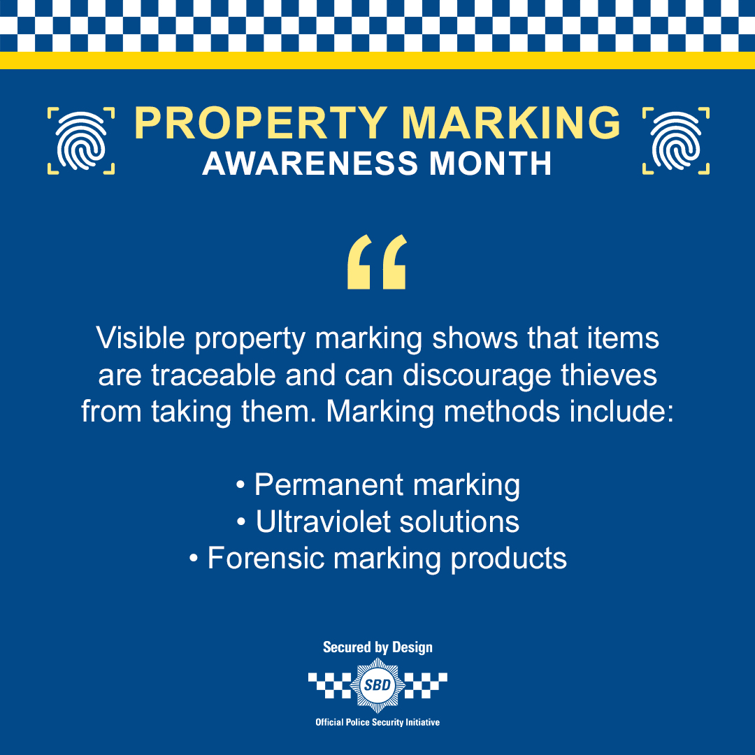 #Safety reminder 🔐

Property marking is an effective way to deter #theft. Focus on marking items that are portable, valuable and commonly targeted by criminals, including: electronic #devices, bikes, #tools and mobility equipment.

Taking the precaution now could save you later!