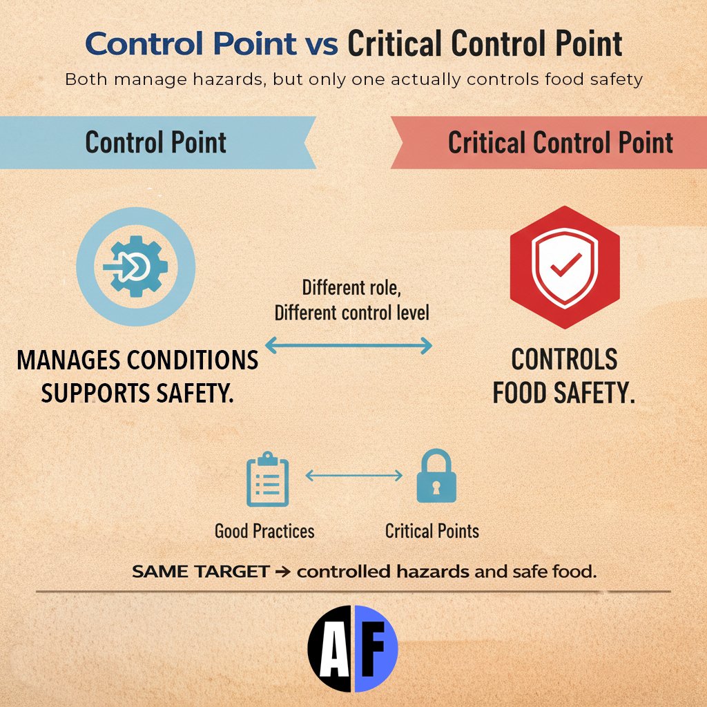 Control Point vs Critical Control Point (CCP) ⚠️
Both manage hazards, but only one actually controls food safety.

Control points support good practice.
CCPs have critical limits, monitoring, and corrective actions.

Same target. Very different role.
#FoodSafety #HACCP #CCP