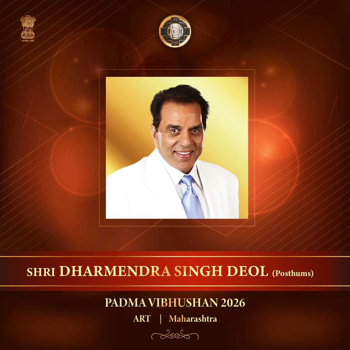 The Government of India’s decision to confer the Padma Vibhushan posthumously on legendary actor and “He-Man” Dharmendra Ji is truly heartening.

This honour recognises his extraordinary contribution to Indian cinema over six decades. Heartfelt congratulations to his family on