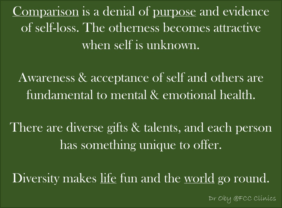 fcc_clinics's tweet photo. WO/MAN KNOW THY SELF
#Comparison is a denial of #purpose and evidence of #self #loss. The #otherness becomes attractive when self is unknown.
#Awareness and #Acceptance of self & others are fundamental to #mental & #emotinal #health. https://t.co/u8Tso6mviD