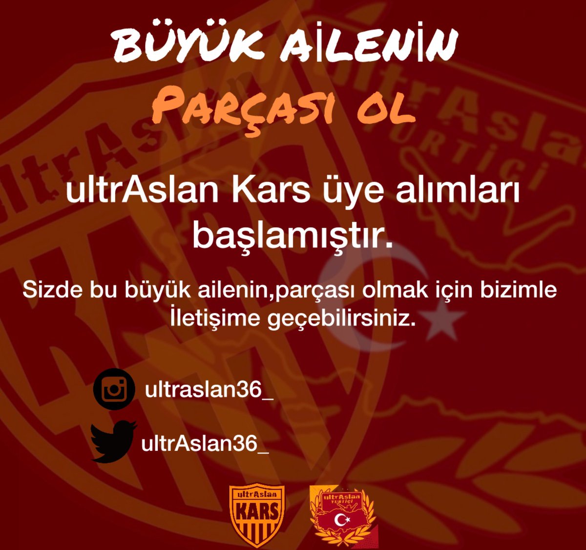 BÜYÜK AİLENİN PARÇASI OL❗️

Grubumuza üye alımları başlamıştır sizde bu büyük ailenin parçası olmak için bizimle iletişime geçebilirsiniz.

#uAYurtiçi
#ultrAslanKars