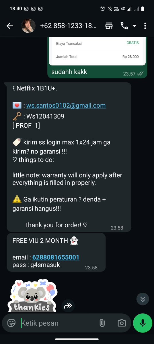 studyjae1's tweet image. guyss yang suka beli apps prem hati hati banget sama ini orang, scammer ternyataa @ewallcet. jadi dia kasih akun netflix dengan pass yang salah berkali kali. nominal sih gak seberapa cuma kecewa aja soalnya pertama kali di tipu 😔 #zonauang #zonajajan