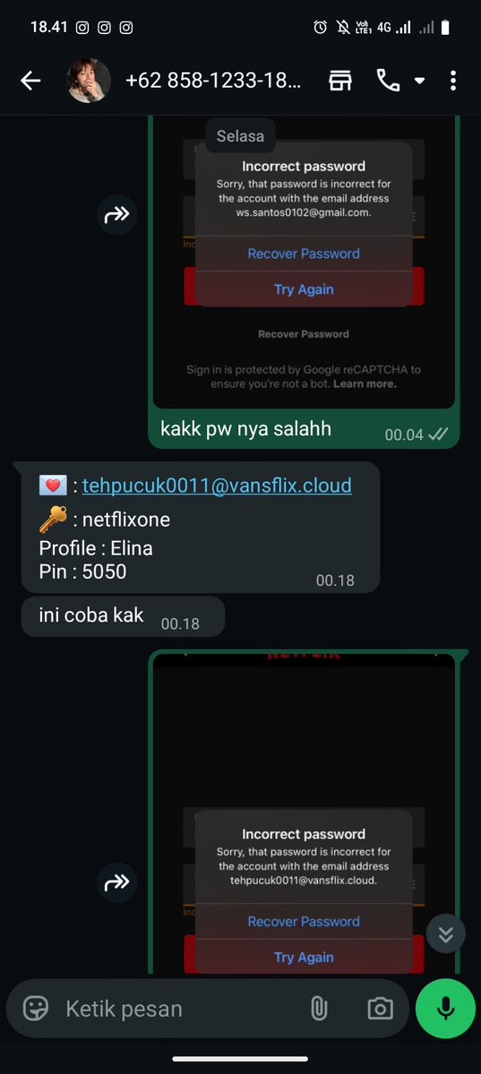 studyjae1's tweet image. guyss yang suka beli apps prem hati hati banget sama ini orang, scammer ternyataa @ewallcet. jadi dia kasih akun netflix dengan pass yang salah berkali kali. nominal sih gak seberapa cuma kecewa aja soalnya pertama kali di tipu 😔 #zonauang #zonajajan