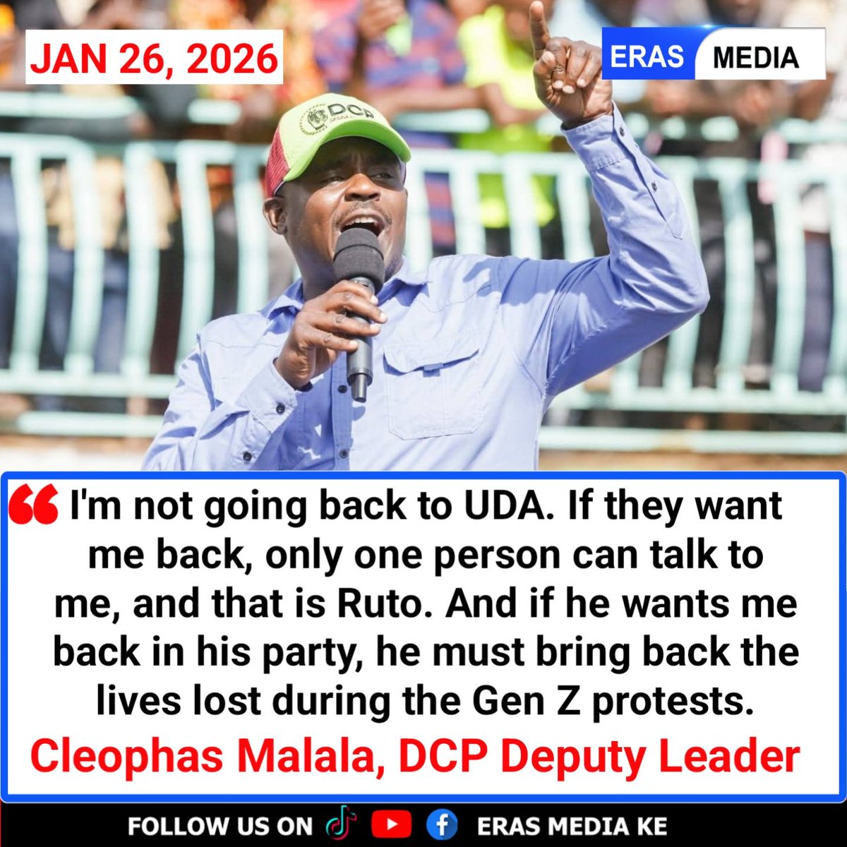 I'm not going back to UDA. If they want me back, only one person can talk to me, and that is Ruto. And if he wants me back in his party, he must bring back the lives lost during the Gen Z protests ~ Cleophas Malala, DCP Deputy Party Leader