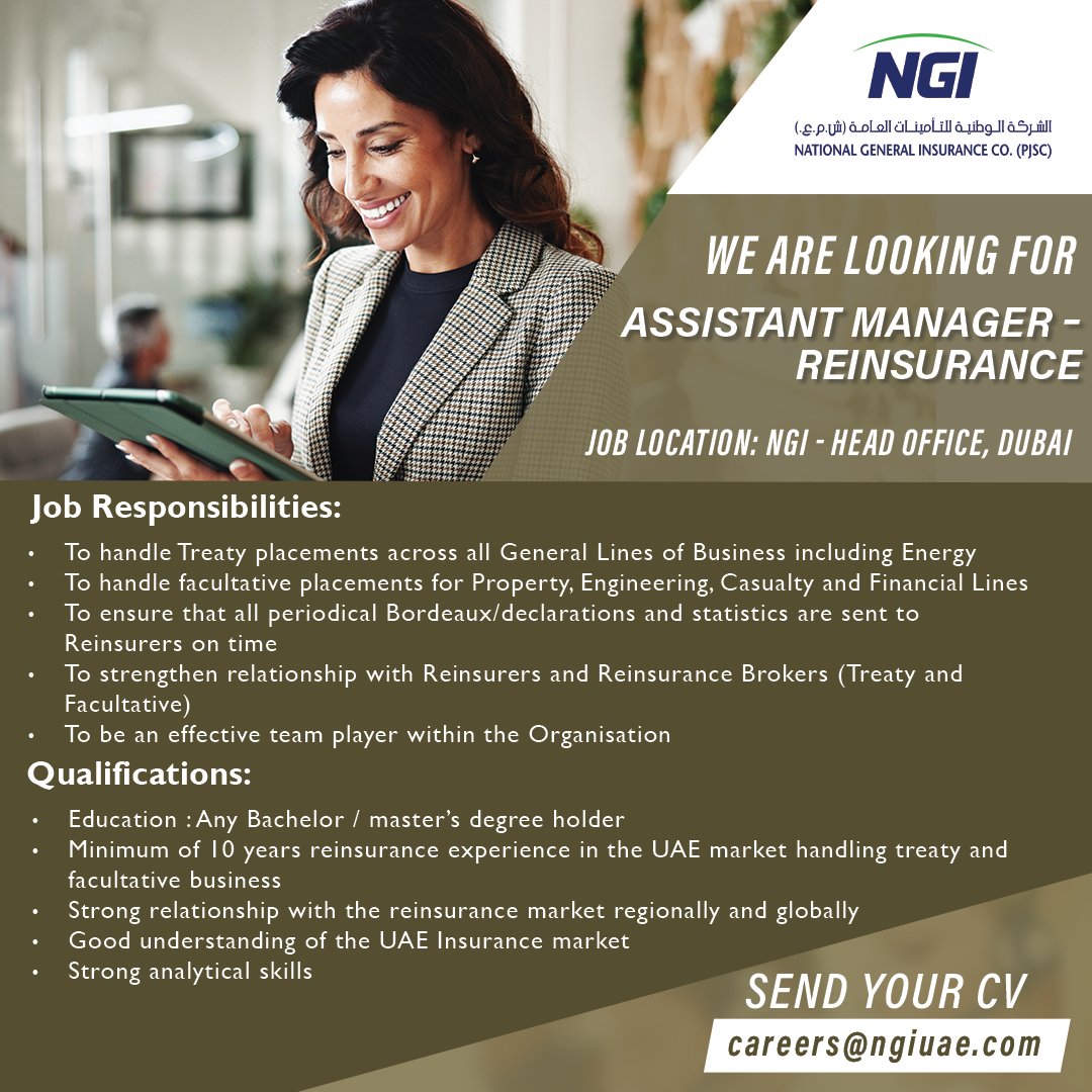 We are looking for an Assistant Manager – Reinsurance
Location: NGI Head Office, Dubai

Send your CV to:
careers@ngiuae.com

#uaejobs #jobsinuae #gulfjobs #recruitment #dubaii #NGI
#nationalgeneralinsurance #careers #insurance #hiring #insurancejobs #insurance #jobseekers #hiring