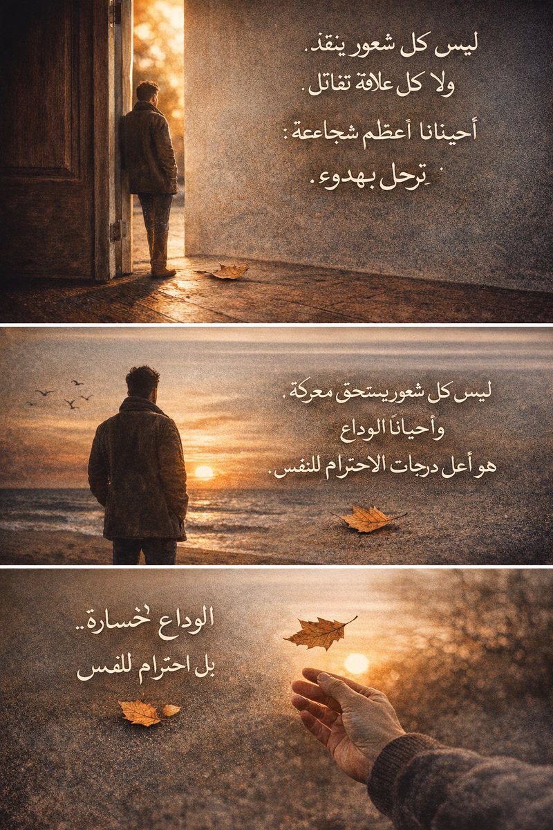 #مساء_الخير 

ليس كل شعور يُنقَذ
ولا كل علاقة تستحق معركة.

أحيانًا أعظم شجاعة
أن تقول: كفى
وتغلق الباب
دون ضجيج… دون خطاب وداع طويل.

فالذي يُتعبك أكثر مما يطمئنك
ليس حبًا
بل اختبارًا طال أكثر مما يجب.

تعلّم الوداع
ليس خسارة
بل احترام للنفس 🍂

#شعور_اللحظه
