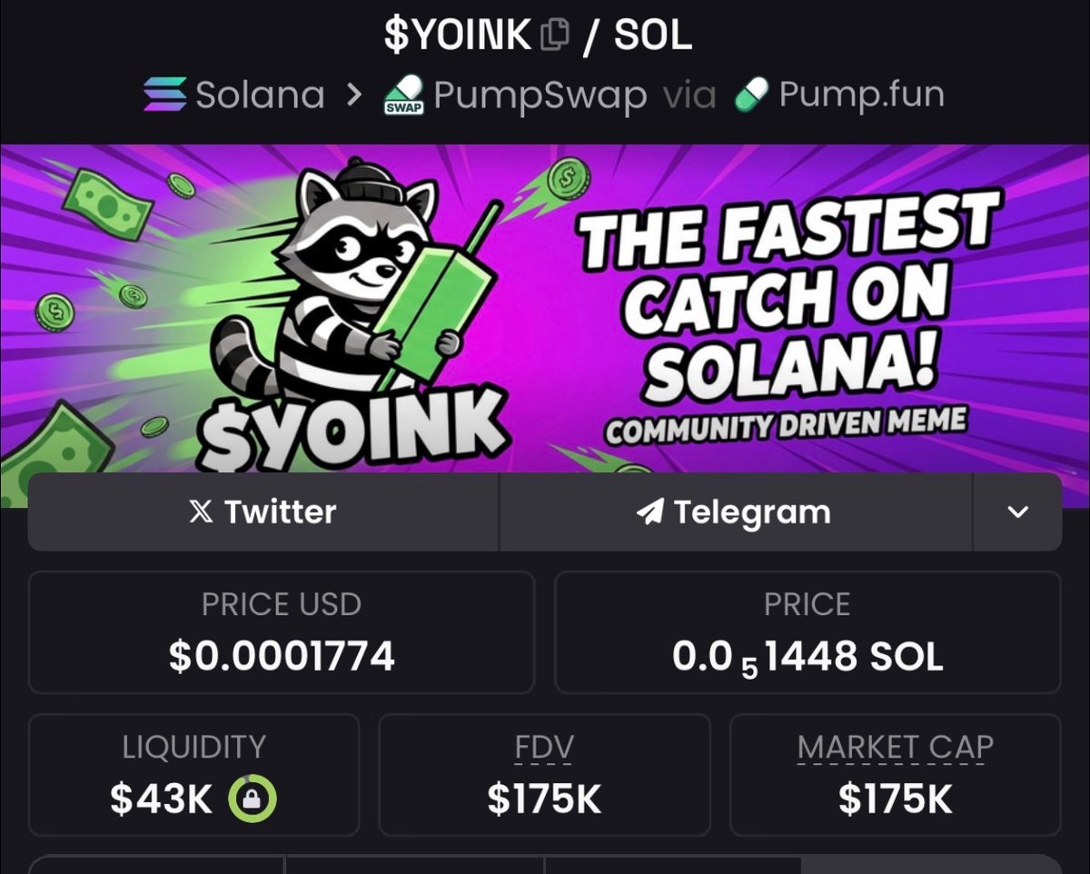 I smell a cook here, fam!!

Just grabbed a bag of $YOINK 🔥

NYPD shot a harmless raccoon and now it’s trending everywhere. I’ve seen this playbook too many times, and my first instinct says, APE!

It’s still early, everything is new, but both the community and buy volume are