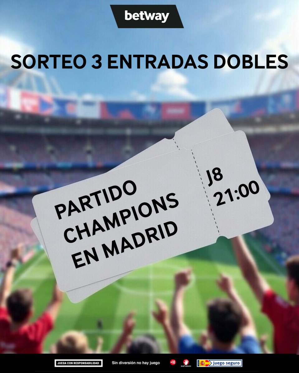 betwayes's tweet image. 𝐒𝐎𝐑𝐓𝐄𝐎 𝟑 𝐄𝐍𝐓𝐑𝐀𝐃𝐀𝐒 𝐃𝐎𝐁𝐋𝐄𝐒 𝐏𝐀𝐑𝐀 𝐔𝐍 𝐏𝐀𝐑𝐓𝐈𝐃𝐎 𝐃𝐄 𝐂𝐇𝐀𝐌𝐏𝐈𝐎𝐍𝐒 𝐄𝐍 𝐌𝐀𝐃𝐑𝐈𝐃🎫 

Todos nuestros seguidores podrán participar en este sorteo y tener la posibilidad de acudir a un partido de Champions en la Comunidad de Madrid.

¿𝐐𝐮𝐞́…
