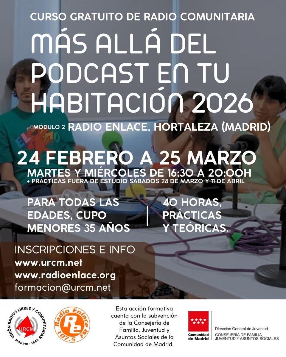 En menos de un mes, regresa la formación a  <a href="/Radio_Enlace/">Radio Enlace</a> 
Curso gratuito "𝐌𝐀́𝐒 𝐀𝐋𝐋𝐀́ 𝐃𝐄𝐋 𝐏𝐎𝐃𝐂𝐀𝐒𝐓 𝐄𝐍 𝐓𝐔 𝐇𝐀𝐁𝐈𝐓𝐀𝐂𝐈𝐎́𝐍"

🖊 INSCRIPCIONES abiertas en urcm.net/inscripcion-ma…