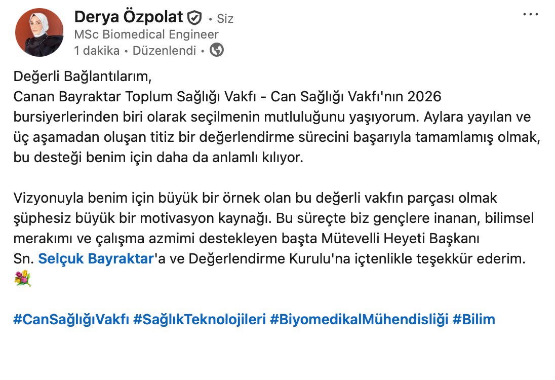 Bu vakfın  parçası olma fırsatı veren başta Mütevelli Heyeti Başkanı Sn. Selçuk Bayraktar’a <a href="/Selcuk/">Selçuk Bayraktar</a> ve Değerlendirme Kurulu üyelerine içtenlikle teşekkür ederim. <a href="/CanSagligiVakfi/">CANSAĞLIĞI VAKFI</a> 💐
