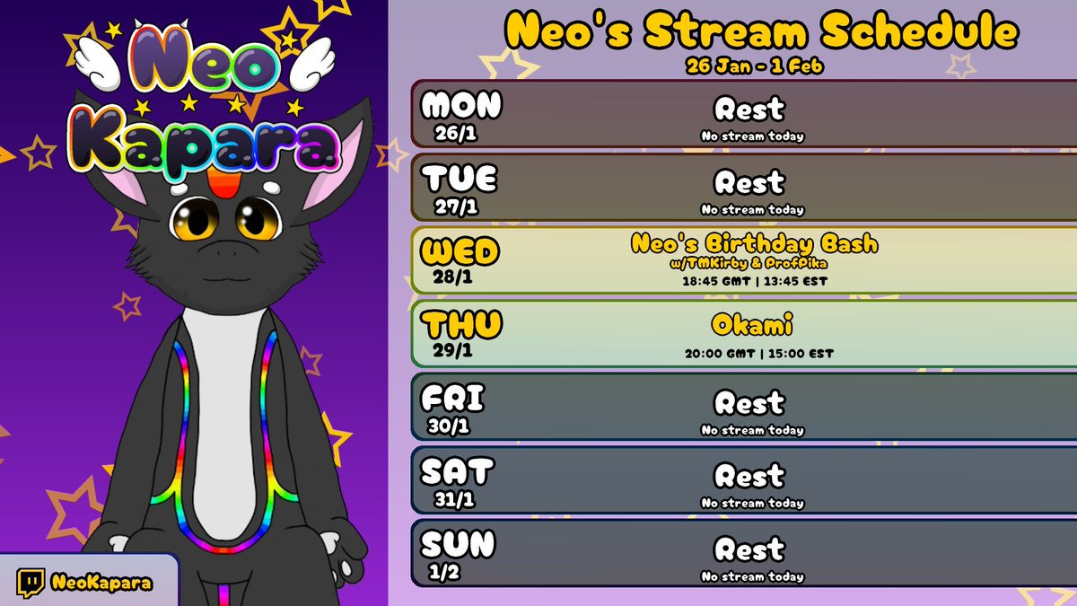 This Wednesday will be my birthday bash, I will be joined by @TheMatKirby and <a href="/prof_pikachu/">ProfPika</a>. Also I shall not be able to stream on Saturday this week as some (offline) friends and I plan to go out to celebrate mine and a couple others birthdays in our friend group 🌈🐉