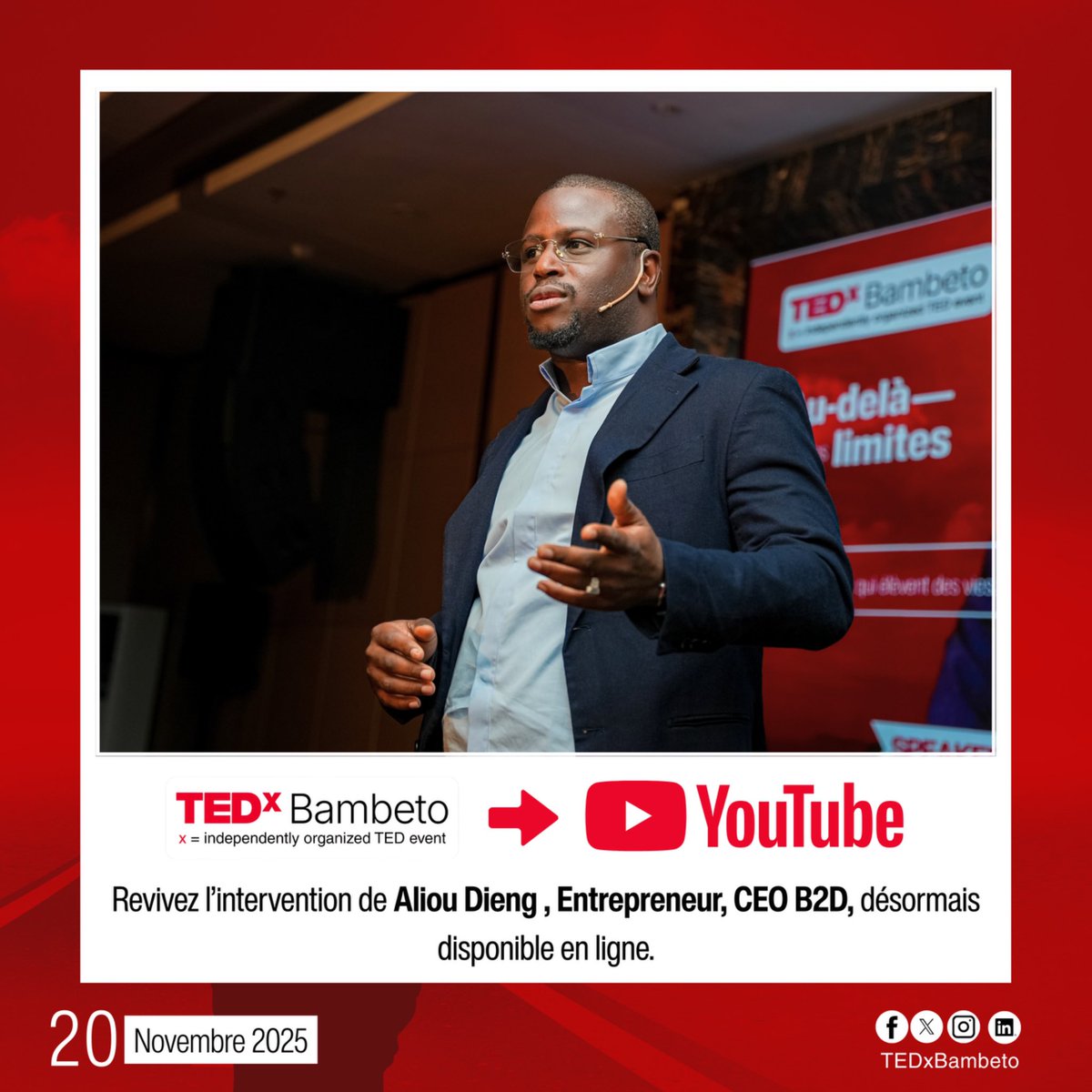 TEDxBambeto's tweet photo. 🎤 𝐅𝐎𝐂𝐔𝐒 𝐒𝐏𝐄𝐀𝐊𝐄𝐑: M. 𝐀𝐥𝐢𝐨𝐮 𝐃𝐢𝐞𝐧𝐠
𝐏𝐃𝐆 𝐝𝐞 𝐁𝟐𝐃 𝐈𝐦𝐦𝐨𝐛𝐢𝐥𝐢𝐞𝐫 𝐆𝐮𝐢𝐧𝐞́𝐞

🎬 Bâtir des lieux qui élèvent des vies | Aliou Dieng
🔗 https://t.co/VKlvTmoUs6

👉 Regardez, partagez, et laissez-vous inspirer.

#TEDxBambeto #BeyondOurLimits # https://t.co/TmMsvsFnyS