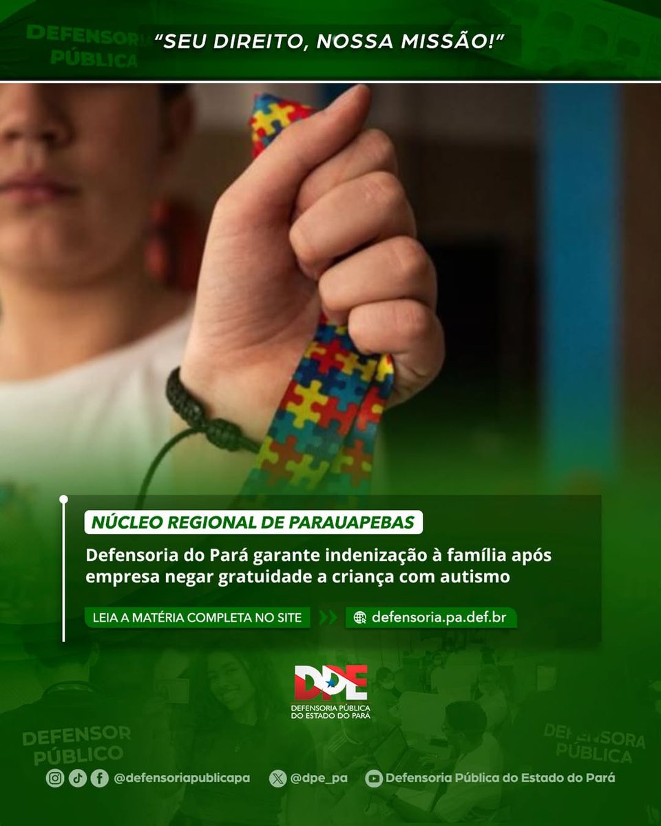 Defensoria do Pará garante indenização à família após empresa negar gratuidade a criança com autismo

Leia a matéria completa no site. Link na bio! ⤴️