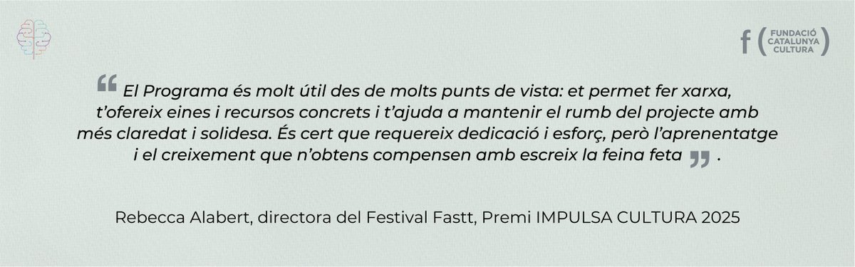 fcatcultura's tweet photo. 🚀 Vols impulsar el teu projecte cultural? Inscriu-te al #ProgramaIMPULSACULTURA!
⏳Inscripcions obertes fins al 02/02
💥Els finalistes optaran al #PremiIMPULSACULTURA dotat amb 15.000 €
📝Inscriu-t'hi👉 https://t.co/AHwpDHuqQb
#ImpulsaCultura https://t.co/9MTqgx7vSH