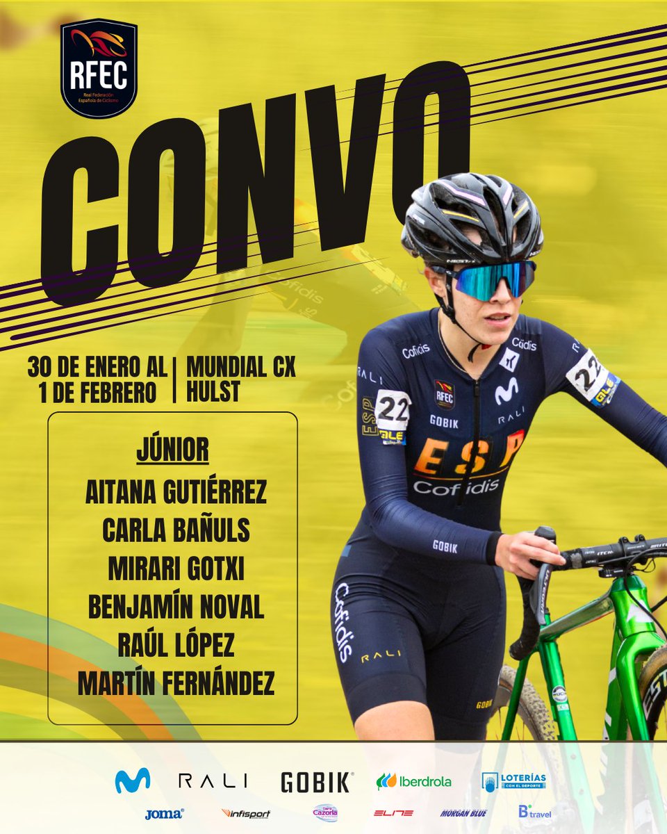 #Hulst2026 | Felipe Orts capitaneará la Selección Española de Ciclocross en el Mundial de Hulst🌈

👉El #TeamESPciclismo🇪🇸 competirá con 13 ciclistas. El júnior Benjamín Noval, 4º en 2025, será otro de los grandes aspirantes nacionales a las medallas.

+