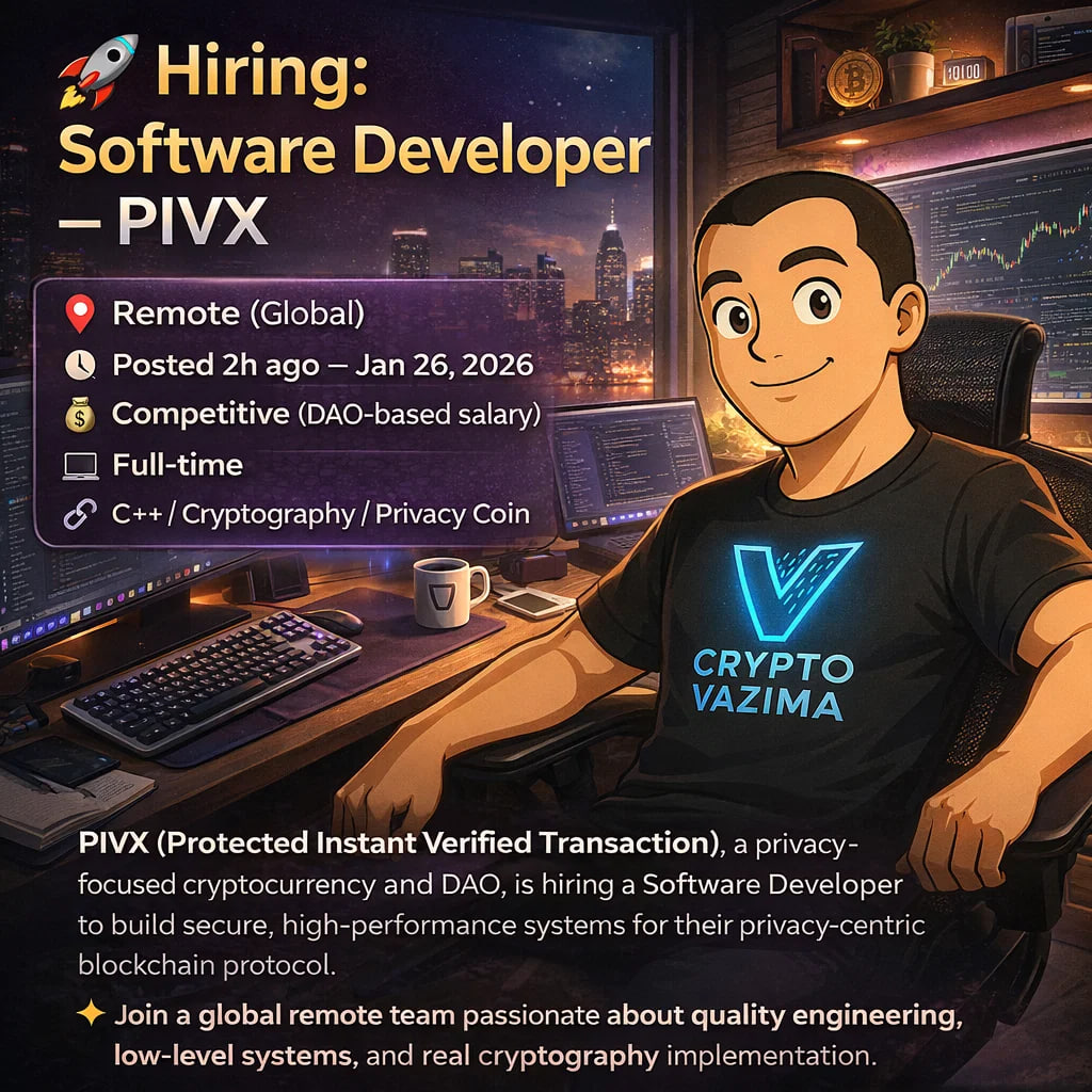 🚀 Hiring: Software Developer — PIVX (Privacy Coin / DAO) 📍 Remote  (Global) | 💼 Full-time | 🧑‍💻 C++ / Cryptography | 💰 Competitive DAO  salary | 🕐 Posted 2h ago —