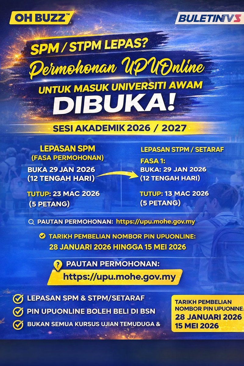 🔥 Lepasan SPM &amp; STPM Wajib Alert! Permohonan UPUOnline 2026/2027 Kini Dibuka ehbuzz.com/%f0%9f%94%a5-l…