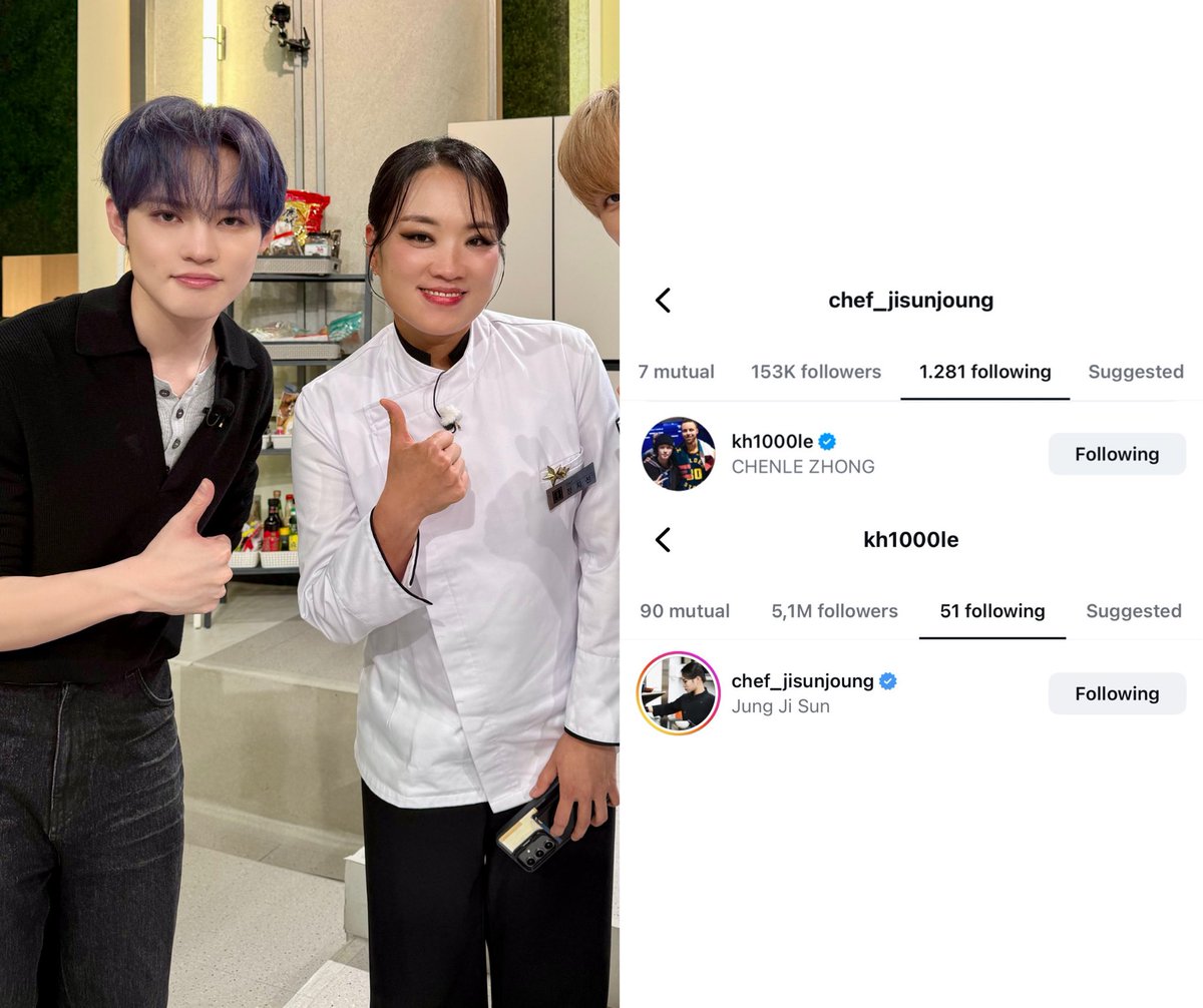 chenleveerse's tweet image. chenle and chef jung ji sun is now following each other on instagram 🩵

our social butterfly keeps collecting all the chefs 🥹

#천러 #チョンロ #钟辰乐 #辰乐 #CHENLE