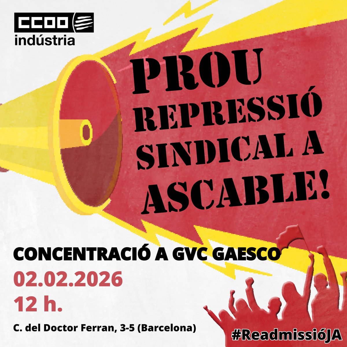 📢 El proper 2 de febrer tornarem a sortir al carrer contra la repressió sindical a Ascable‼️

Ens concentrarem davant la seu del fons inversor GVC Gaesco, propietari d'Ascable, per exigir:
  
📌 la readmissió immediata del company acomiadat
📌 la retirada de les sancions
