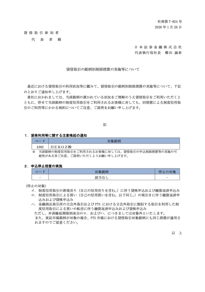 日証金 貸借取引の銘柄別制限措置の実施等について 社発第T-824号 2026年1月26日 注意喚起（貸株利用等） 4382HEROZ  ※詳しくは別紙通知参照のこと