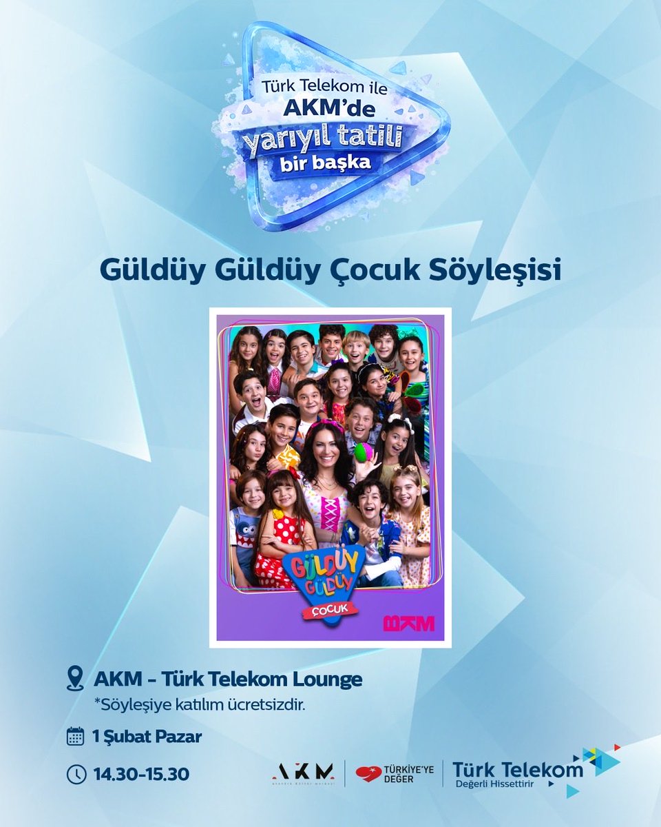 Güldüy Güldüy Çocuk Oyunu’nun ardından Türk Telekom Lounge’da buluşuyoruz!

Yarıyıl tatilinde AKM Tiyatro Salonu’nda sahnelenecek Güldüy Güldüy Çocuk tiyatro oyununun ardından, saat 14.30’da gerçekleşecek söyleşiyle keyifli bir sohbete davetlisiniz.

Sevilen program ekibinin