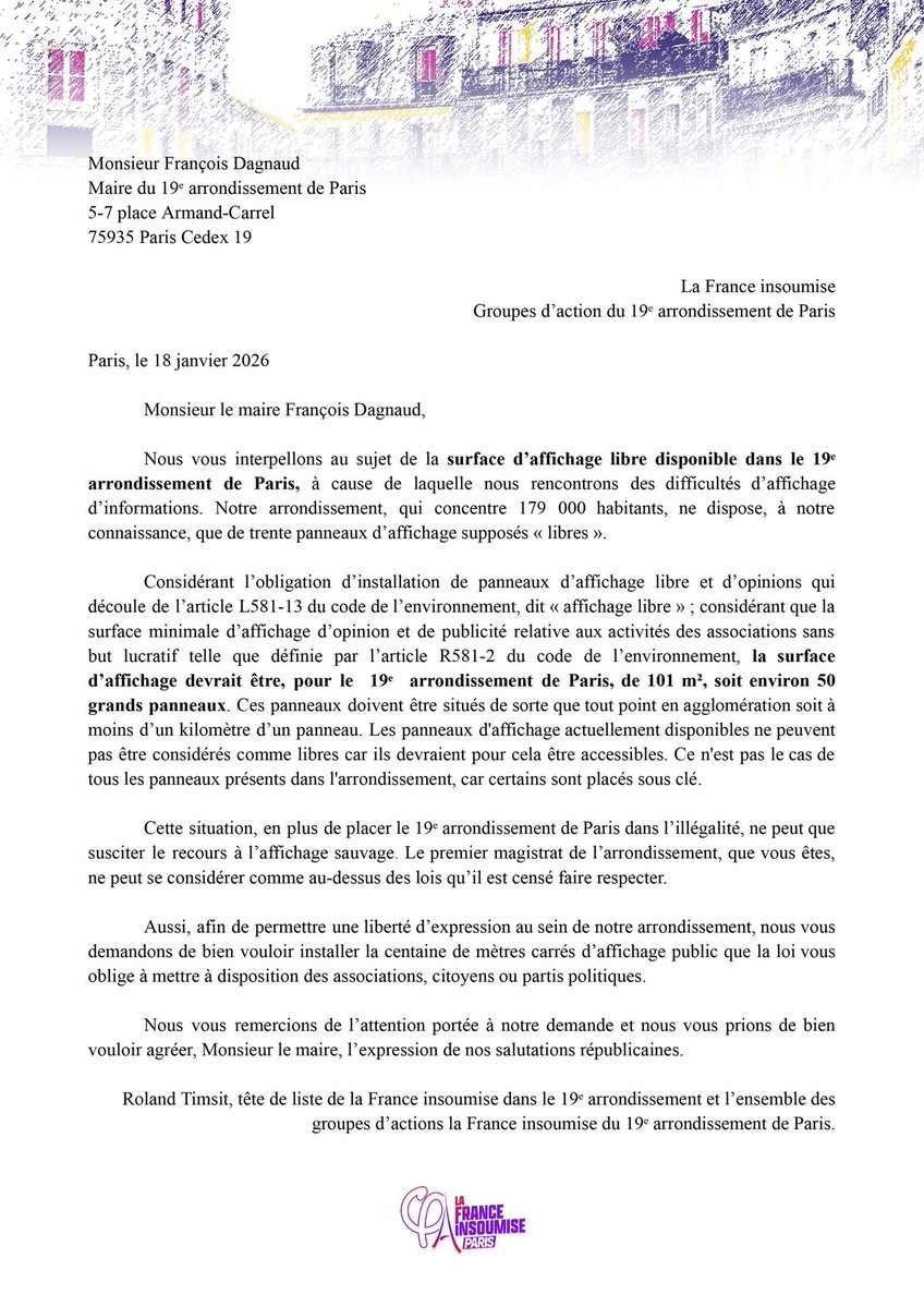RTimsit's tweet image. Monsieur Dagnaud, il est de votre responsabilité de faire respecter la loi et le code de l'environnement. 

Le manque de panneaux d'expression libre dans le 19e arrondissement empêche le débat démocratique ! 

Agissez @FrancoisDagnaud !