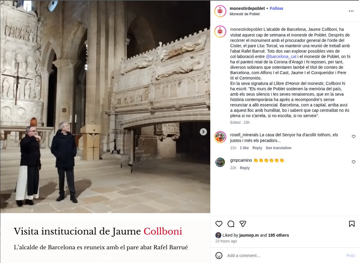 Collboni diu que estava concentrat "en resoldre la mobilitat de la ciutat" i Batlle afegeix que l'alcalde es trobava "al capdavant dels dispositius". En canvi l'Instagram del monestir de Poblet demostra que aquest cap de setmana hi ha anat d'excursió.
instagram.com/p/DT7ulq3DHqw/…