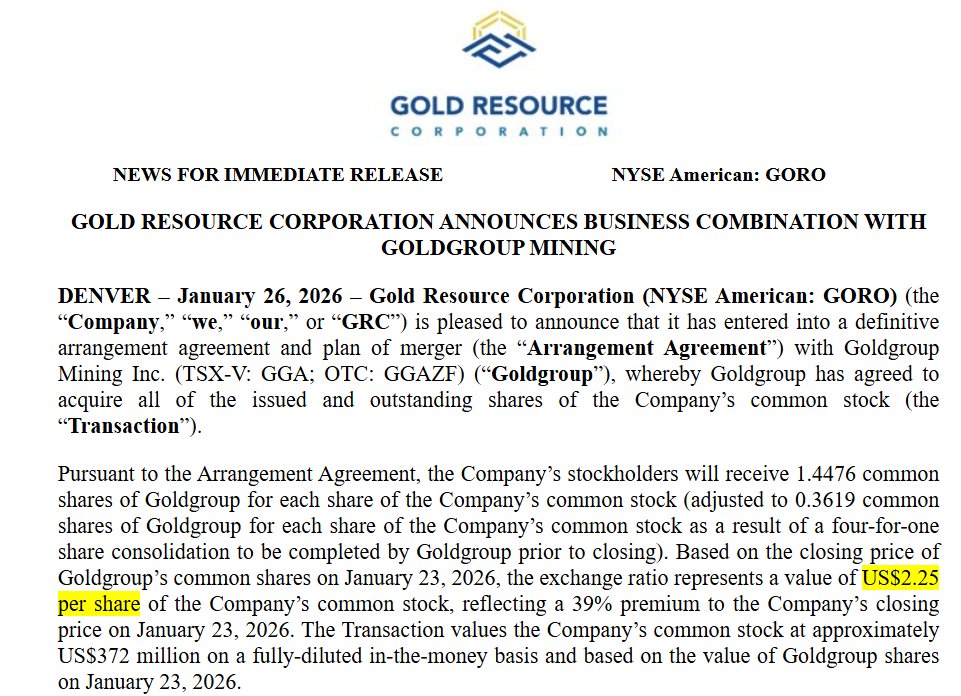 TheBull_Stocks's tweet photo. $GORO $1.72 reverse triangular merger Goldgroup Mining Inc. a value of US$2.25 per share. Transaction values the Company’s common stock at approximately US$372 million

Based on the closing price of Goldgroup’s common shares on January 23, 2026, the exchange ratio represents a value of US$2.25 per share of the Company’s common stock, reflecting a 39% premium to the Company’s closing price on January 23, 2026. The Transaction values the Company’s common stock at approximately US$372 million
