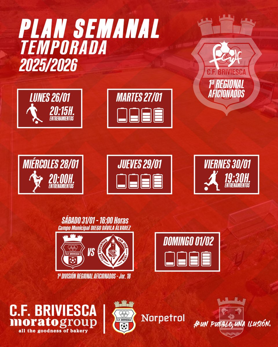 🗓PLAN SEMANAL | #BriviescaSanJose
👉Plan para preparar el partido 🆚<a href="/cdsanjosesoria/">C.D. San José</a> 
 ⬅️J.17🚫Sábado sin Derbi por la suspensión del partido contra el <a href="/CDInterVA/">Inter Vista Alegre</a> por 🌨️🤷
➡️Vamos equipo a darlo todo en el campo‼️
#VamosRojillos❤🤍#AupaBrivi
🪫A cargar las pilas chavales🔋