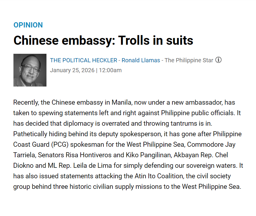 IvanAtHome's tweet photo. Trolls in suits!

Every Filipino should read Ronald Lllmas' scathing column in the @PhilippineStar about the social awkwardness and stupidity of Chinese diplomats. Their actions over the last week show that they are seemingly incapable of understanding why everyone hates them. It's diplomatic autism, a condition among that diplomats that hamper their social communication, interaction, and behavior with other nationstates.

https://t.co/GVT1OJJiwN