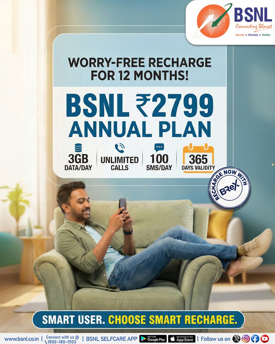 Connectivity You Can Count On.
#Swadeshi Network

BSNL ₹2799 Annual Recharge Plan 
Get 3GB data/day, unlimited calls, 100 SMS/day, and 365 days validity all in one smart recharge.

Choose reliability. Choose BSNL.

Recharge via #BReX! 👉 chatbot.bsnl.co.in

#BSNL #BSNLPlans