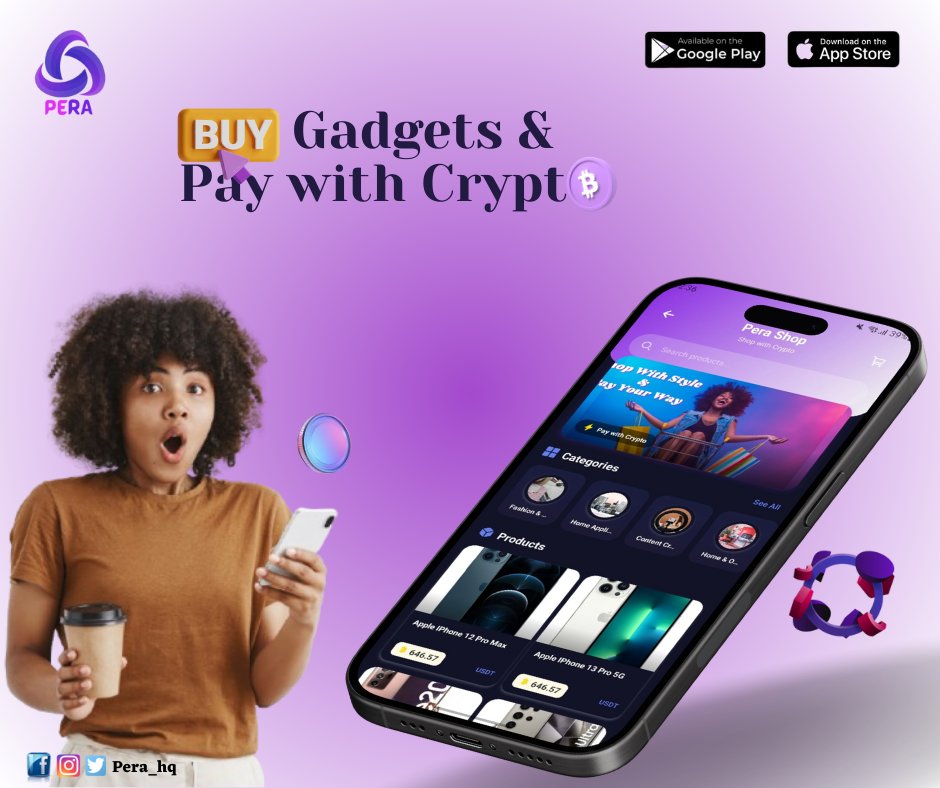 Pera_hq's tweet photo. Go beyond crypto and gift card trading. Shop gadgets and pay seamlessly with crypto on the Pera app. Download now on the App Store and Google Play. #pera #tradeatease #perashop https://t.co/rvTYdqj6ev