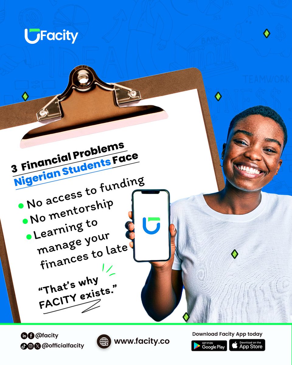 Nobody teaches you money in school.
Yet you’re expected to survive school, run a side hustle, and still not go broke.

We help students get access, guidance, and financial clarity early—so you’re not learning money lessons the hard way later.

Download Facity today! 

#facity