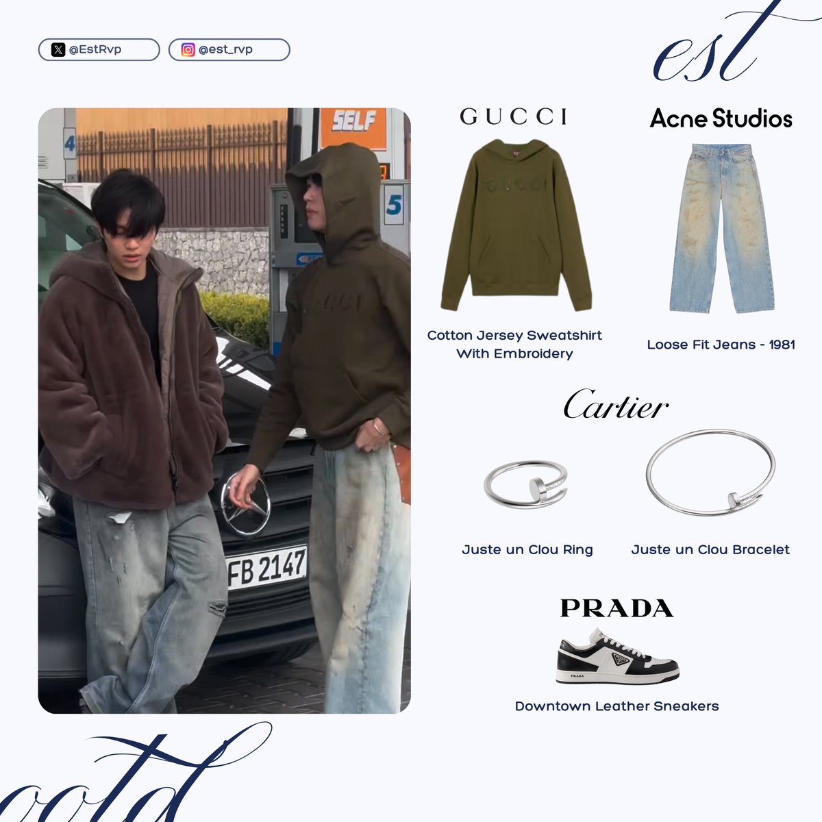 EstOOTD's tweet image. [#EstOOTD]
Instagram Update 

🦈 @EstRvp 

@gucci 
Cotton Jersey Sweatshirt With Embroidery

@acnestudios 
Loose Fit Jeans - 1981

@Cartier 
Juste un Clou Ring
Juste un Clou Bracelet

@Prada 
Downtown Leather Sneakers 

#est_rvp