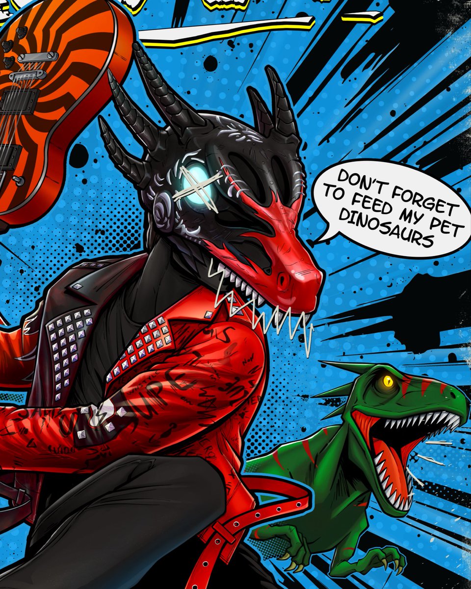 GeorgeKasent's tweet photo. Comic book cover and print for musician SIAM. 

#comiccover #comicbookstore #musicart #dinosaurart #heroart https://t.co/rfs8Yk67ao