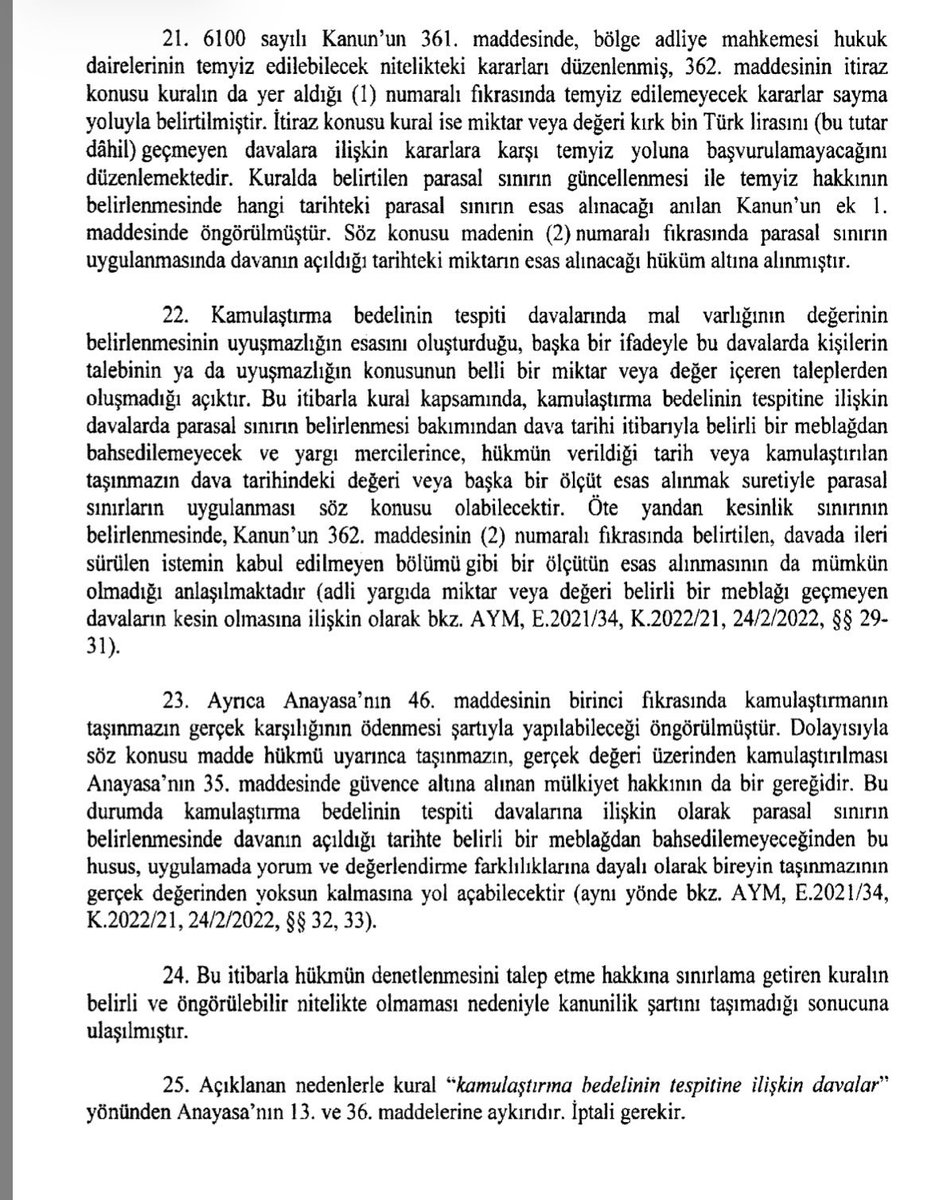 TalatCANBOLAT's tweet photo. Bir #Avukat’ın görüşü daha #AnayasaMahkemesi kararına dönüştü; HMK m. 362/1 deki Bölge Adliye Mahkemelerinin “a) Miktar veya değeri kırk bin Türk Lirasını (bu tutar dâhil) geçmeyen davalara ilişkin karar”ının temyiz edilemeyeceğine ilişkin hükmü “kamulaştırma bedelinin tespitine ilişkin davalar” yönünden Anayasaya aykırı bulunarak iptal edilmiştir. Karar RG’de yayınlandığı 20.01.2026 tarihinden dokuz ay sonra yürürlüğe girecektir. Böylece miktarına bakılmaksızın kamulaştırma bedelinin tespitine ilişkin BAM kararlarının tamamına temyiz yolu açılmıştır. (AYM, 8/10/2025, E.2025/124, K.2025/203)
https://t.co/w8oBGYxicj