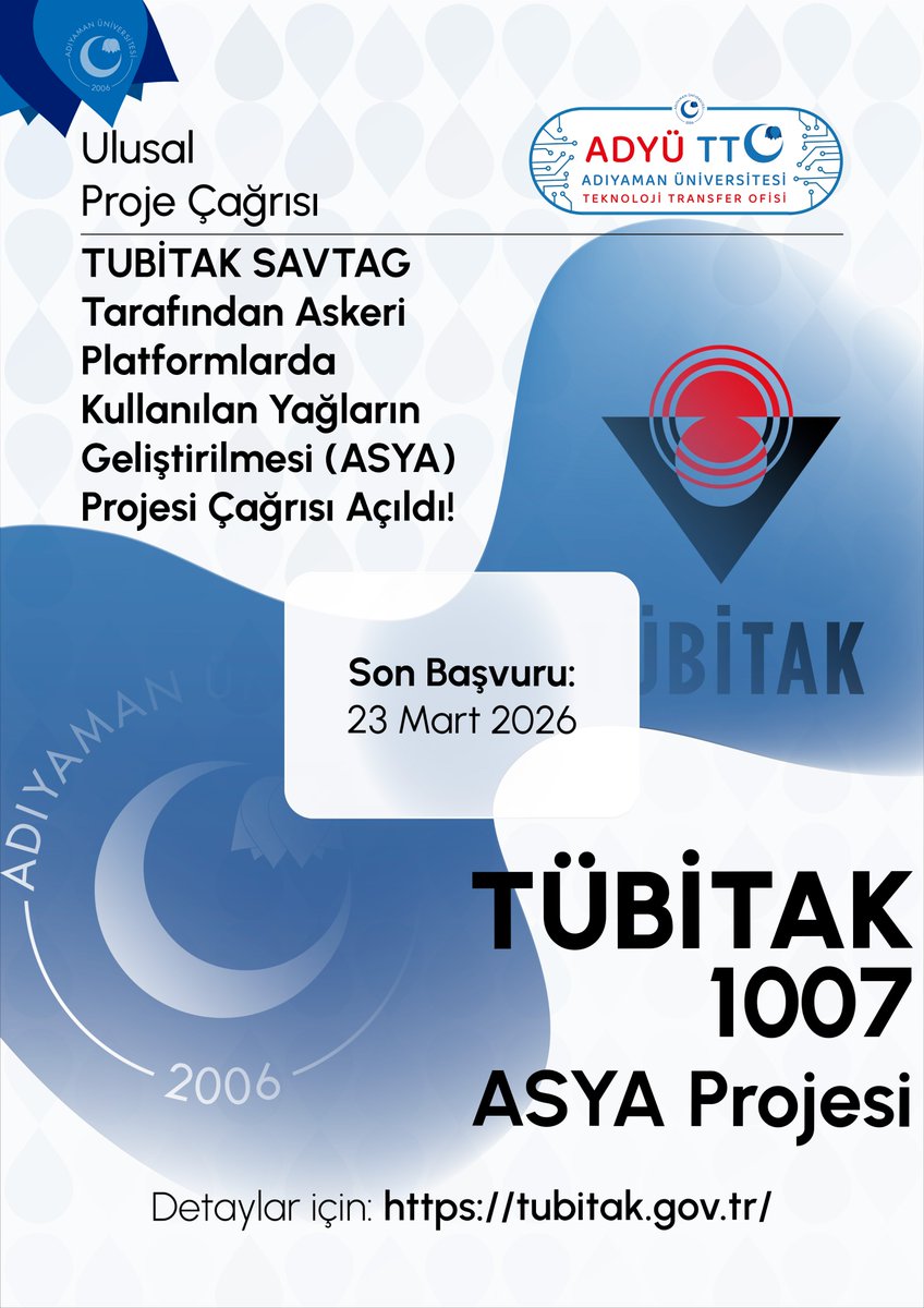 AdyuTto's tweet photo. 📢 TÜBİTAK 1007 - ASYA Projesi Çağrısı Açıldı! 🛡️🧪

TÜBİTAK SAVTAG, askeri hava araçları ve sistemlerinde kullanılan yağlama yağları ile hidrolik sıvıların Ar-Ge yoluyla geliştirilmesini destekliyor.

🔗https://t.co/jSlebvVCVt https://t.co/Vpnnan8L9O