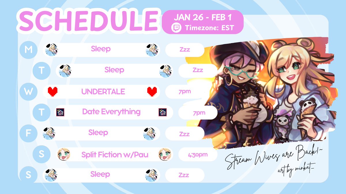 DaAwkwardLauren's tweet photo. [LAUREN'S SCHEDULE ✨01/26 - 02/01]

Continuing Undertale, I think we're gonna have to kill this guy..
Date Everything! Dasha and Abel may not be able to be realized but I'll hang with everyone else!
STREAM WIVES RETURN AFTER 80 YEARS!! And by 80 I mean almost 3 😭 https://t.co/FVm9kE0vqh