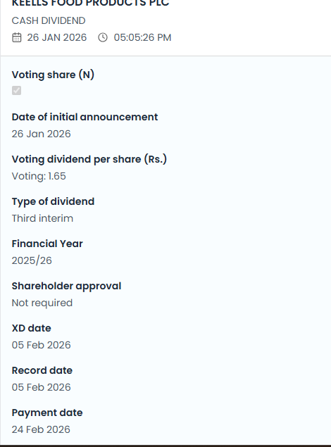 KEELLS FOOD PRODUCTS PLC

CASH DIVIDEND